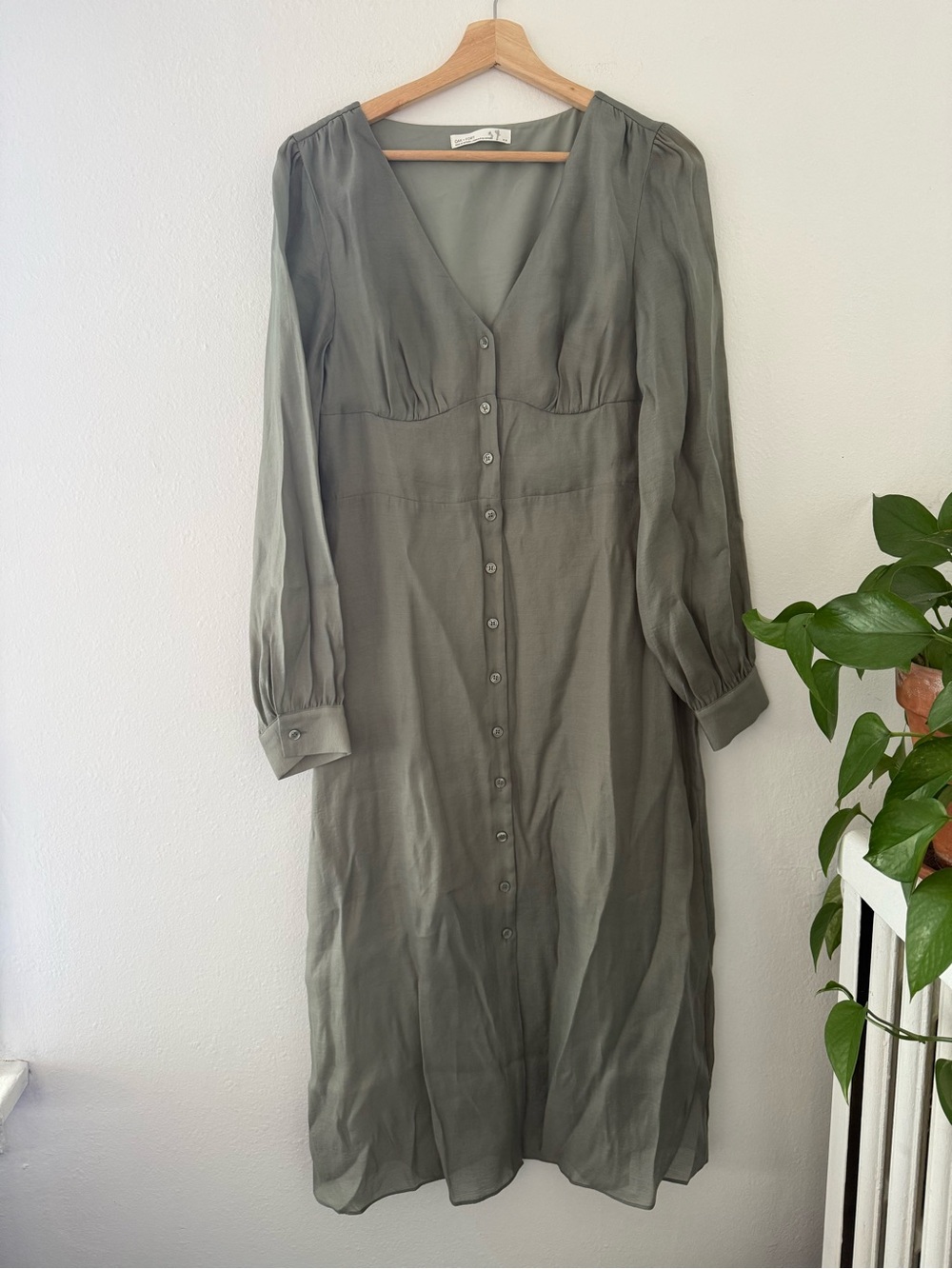 OAK + FORT Olive Green Long Sleeve Button-Down Midi Dress